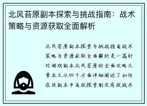 北风苔原副本探索与挑战指南：战术策略与资源获取全面解析